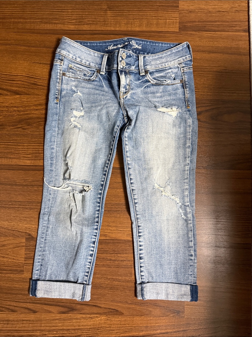 American Eagle Outfitters Light Blue Distressed Cropped Jeans with Cuffed Hems